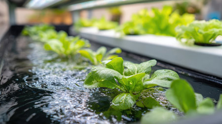 Close-up of hydroponic grow system with leafy vegetables in nutrient solutionの素材