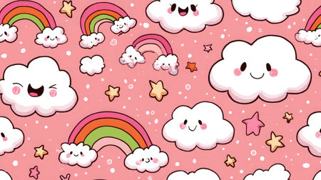 Cute seamless vector pattern with cartoon clouds, rainbows, and starsの素材