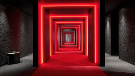 Corridor framed with minimalist light fixtures, red carpet below, mirror ceiling glowing faintly aboveの素材
