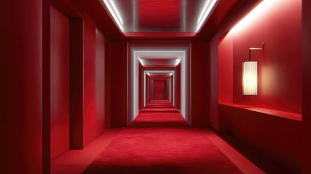 Dim corridor design using red carpet, indirect lighting, and reflective ceiling harmonyの素材