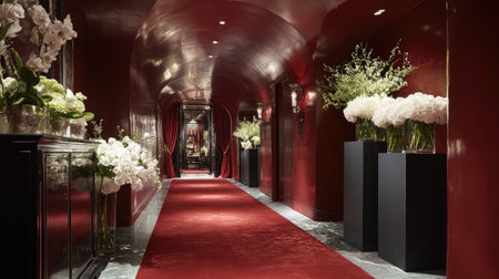 Elegant hallway with deep red carpet and ambient lighting casting soft glows on glossy ceiling surfacesの素材