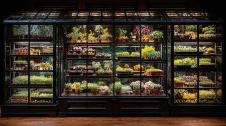 Greenhouse shelves with multiple tiers of vegetable seedlings under light systemの素材