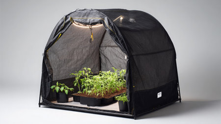 Foldable greenhouse frame partially open with young plants and watering tray insideの素材