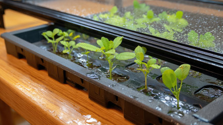 Foldable greenhouse frame partially open with young plants and watering tray insideの素材