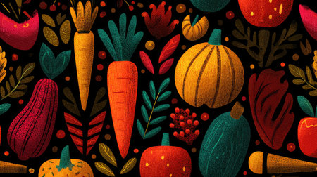 Hand-drawn vegetables and herbs forming a repeating seamless kitchen patternの素材