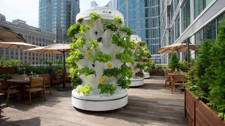 Hydroponic grow tower filled with fresh vegetables in urban garden settingの素材