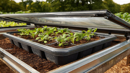 Foldable greenhouse frame partially open with young plants and watering tray insideの素材