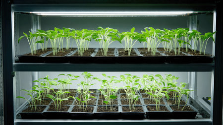 Greenhouse shelves with multiple tiers of vegetable seedlings under light systemの素材