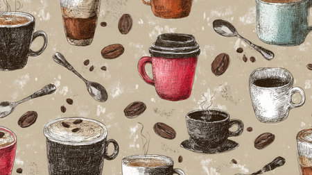 Hand-sketched coffee cups, beans, and spoons forming a cute cafe-inspired seamless patternの素材