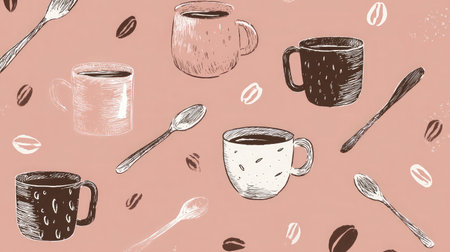 Hand-sketched coffee cups, beans, and spoons forming a cute cafe-inspired seamless patternの素材