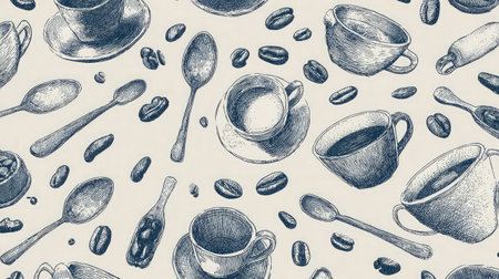 Hand-sketched coffee cups, beans, and spoons forming a cute cafe-inspired seamless patternの素材