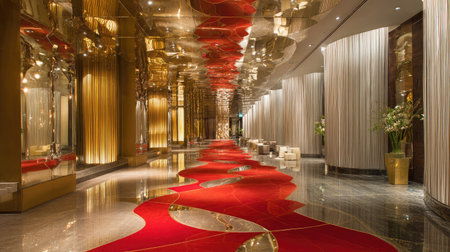 High-gloss ceiling mirrors the corridor's soft golden wall lights and luxurious red carpet pathの素材