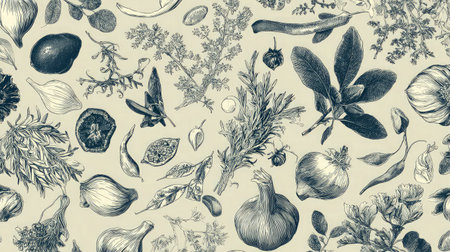 Hand-drawn vegetables and herbs forming a repeating seamless kitchen patternの素材