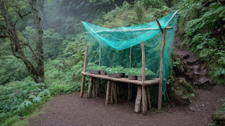 Green mesh netting stretched over wooden frame to protect growing vegetablesの素材
