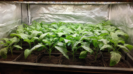 Indoor grow tent with reflective lining and LED panel over vegetable seedlingsの素材