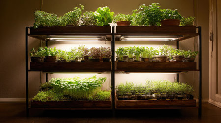 Greenhouse shelves with multiple tiers of vegetable seedlings under light systemの素材