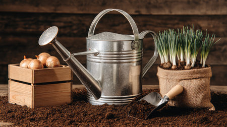 Large watering can and compost scoop beside compost bin and vegetable sproutsの素材