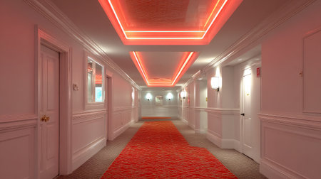 Narrow corridor with bold red carpet lit by minimalist LED accents and a glowing mirror ceilingの素材