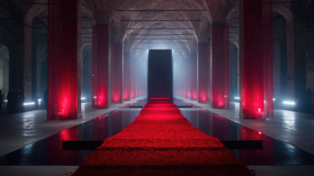 Long red carpet flows beneath symmetrical ceiling panels reflecting dim corridor lightsの素材
