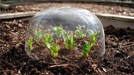 Plastic garden cloche covering tender sprouts in a newly seeded bedの素材