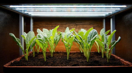 Overhead shot of grow light system illuminating young vegetable starts indoorsの素材