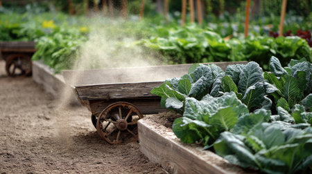 Organic compost spreader in use around raised beds of leafy vegetablesの素材