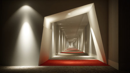 Long corridor wrapped in shadows, soft lights lining the walls, red carpet glowing beneath mirrored panelsの素材
