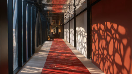 Narrow corridor with red carpet runner and dramatic shadows bouncing off a mirrored ceilingの素材