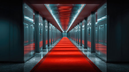 Long red carpet aisle inside corridor glowing with dim lights and reflective ceiling contrastの素材