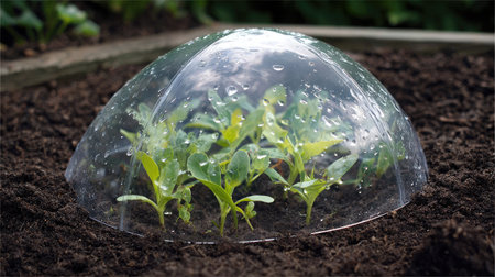 Plastic garden cloche covering tender sprouts in a newly seeded bedの素材