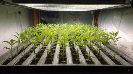 Overhead shot of grow light system illuminating young vegetable starts indoorsの素材