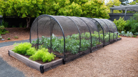 Net tunnel protecting vegetable bed from pests and harsh sunlightの素材