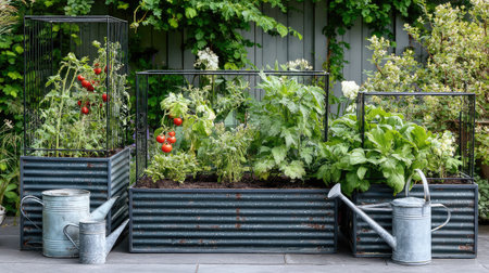 Raised containers with tomato cages and watering cans nearby on patioの素材