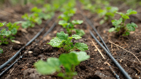 Raised garden bed with drip irrigation lines and young vegetable seedlingsの素材