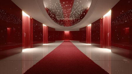 Red carpet corridor with glowing side lights and soft reflections dancing across a mirrored ceilingの素材