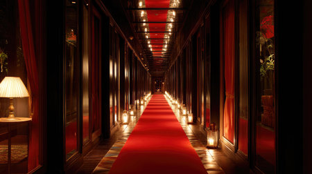 Red carpet stretches along a dim hallway with warm accent wall lights and mirrored ceiling reflections aboveの素材