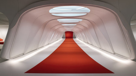 Red carpet centerline stretching into distance beneath illuminated ceiling panels and side lightsの素材