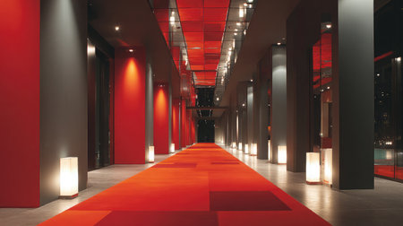 Red hallway carpet illuminated in sections by rhythmic light accents and high-gloss ceiling mirrorsの素材