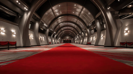Reflective ceiling above a dramatic red carpeted hallway with moody side lighting and architectural linesの素材