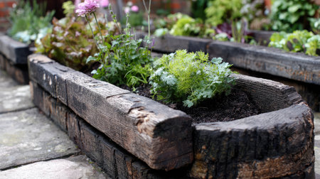 Raised garden planters made from recycled wood, filled with organic soilの素材