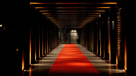 Red carpet beneath soft amber lights and reflective ceiling tiles forming a tunnel-like corridorの素材