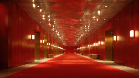 Red carpet stretches along a dim hallway with warm accent wall lights and mirrored ceiling reflections aboveの素材