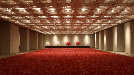 Recessed lighting in walls reflecting softly across the mirror ceiling above a vibrant red carpetの素材