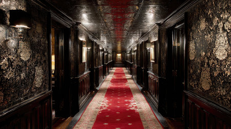 Reflective ceiling above a dramatic red carpeted hallway with moody side lighting and architectural linesの素材
