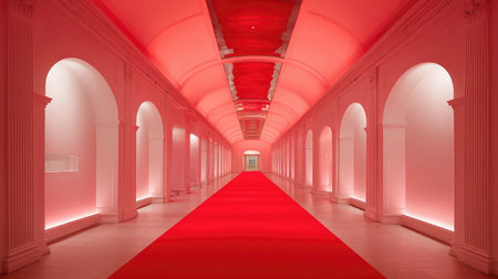Red carpet corridor illuminated by subtle LEDs, reflective ceiling enhancing the ambient moodの素材
