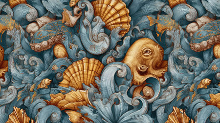 Repeating sea creature pattern with octopuses, shells, and fish in cool tonesの素材