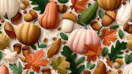 Seamless autumn vector pattern with falling leaves, acorns, and pumpkinsの素材