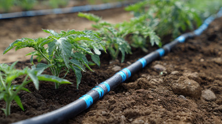Roll of drip tape and irrigation connectors next to tomato plant rowsの素材