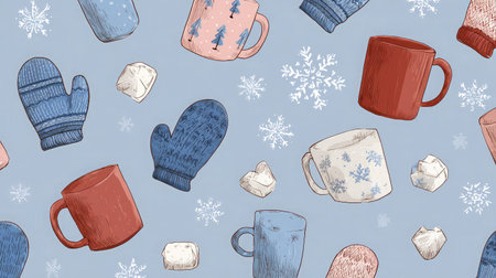 Repeating pattern with cozy winter items like mugs, mittens, and snowflakesの素材