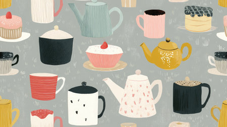Repeating tea time pattern with cups, teapots, and pastries in pastel tonesの素材